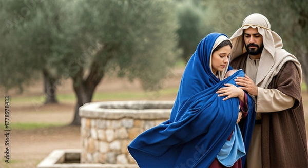 Fototapeta Nativity scene featuring a woman in blue cloak and a man in brown robe, tenderly caring for a newborn, surrounded by olive trees and a stone well, conveying warmth and love