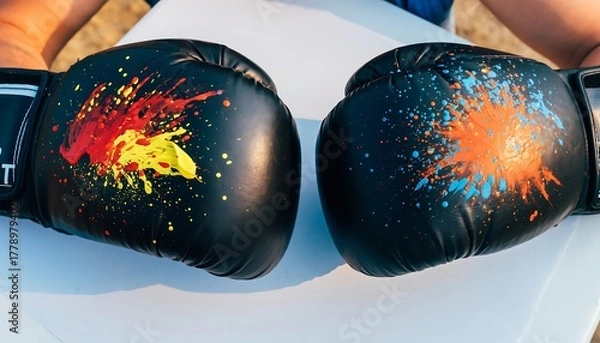 Obraz Closeup of boxing gloves with colorful paint splatters on a white surface