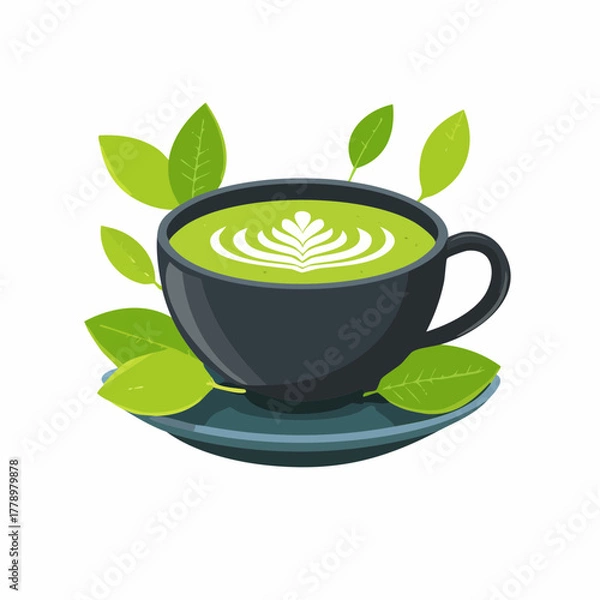 Fototapeta カップに入れられた抹茶ラテとラテアートのベクターイラスト