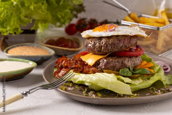 Obraz Beef burger without a bun with a fried egg