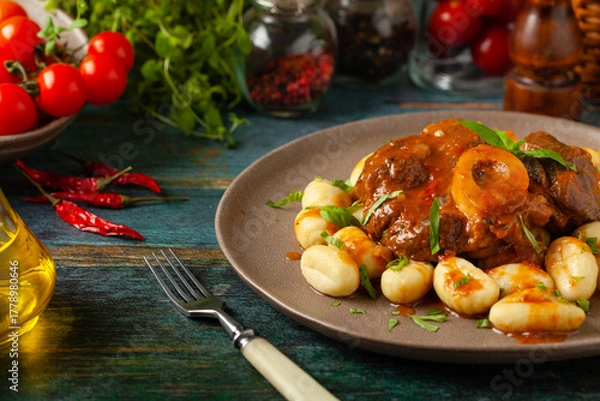 Obraz Ossobuco served with gnocchi.