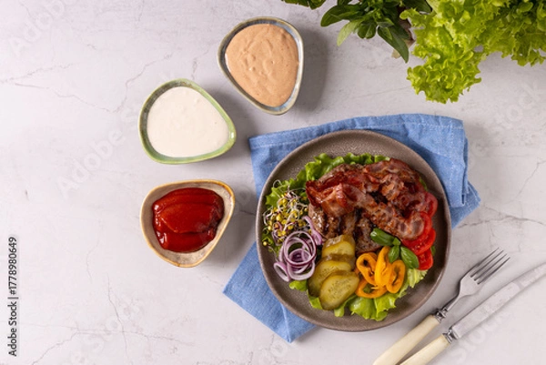 Obraz Beef burger without a bun, with bacon