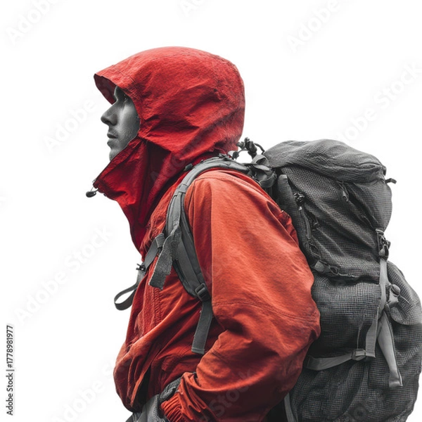 Obraz Man hiking with red rain gear