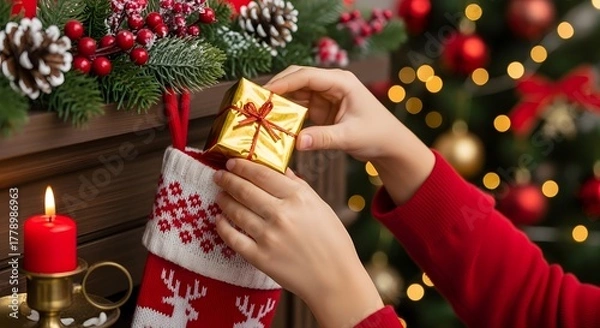 Obraz A person's hands placing a golden gift box into a Christmas stocking near a lit candle.