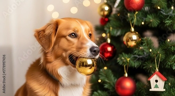 Obraz A brown and white dog holds a gold ornament in its mouth, sitting next to a decorated Christmas tree with red and gold baubles.