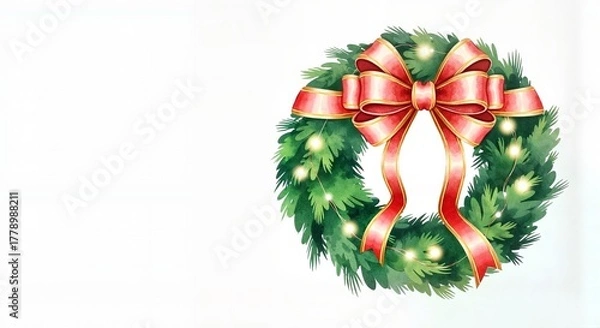 Fototapeta Christmas wreath with red bow and lights on soft white background with copy space