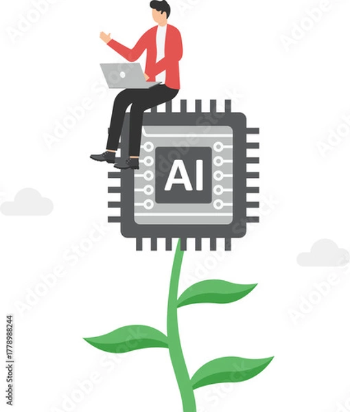 Fototapeta Committed businessmen try to grow up on top of Ai growing plant.

