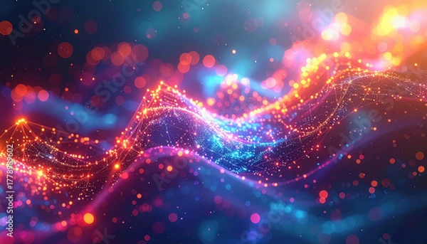 Fototapeta Colorful abstract background with soft blur design featuring glowing data nodes and deep learning flowchart area