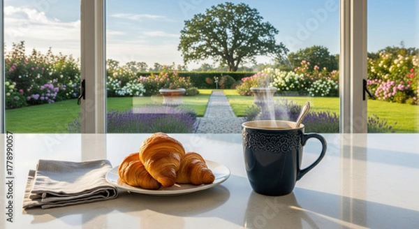 Fototapeta A steaming mug (e.g., coffee or tea) resting on a clean kitchen counter next to a window, looking out onto a peaceful backyard or garden. The scene is still and quiet. Relaxation, routine, personal .