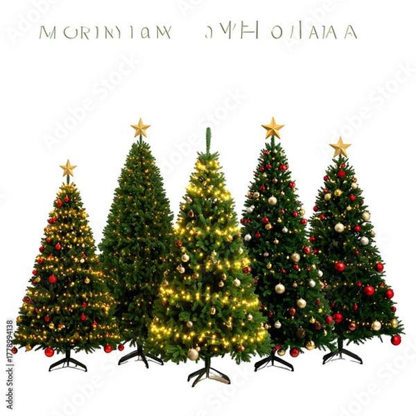 Fototapeta Five decorated evergreen trees with stars, baubles, and lights