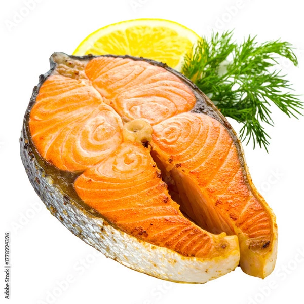 Fototapeta Juicy, pan-seared salmon steak with lemon slice and dill