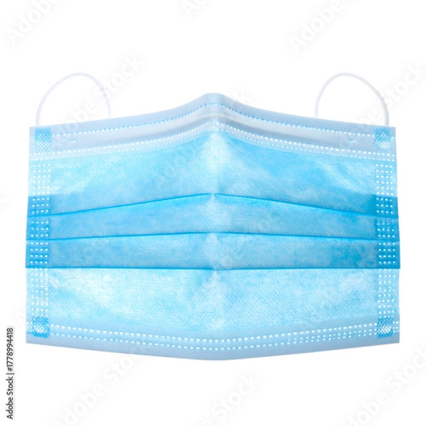 Fototapeta Blue pleated face mask with ear loops, isolated on black