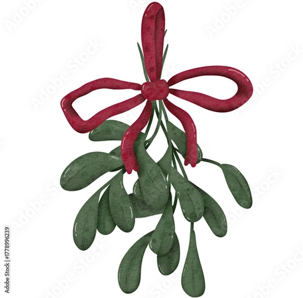 Obraz Watercolor Mistletoe With Red Bow