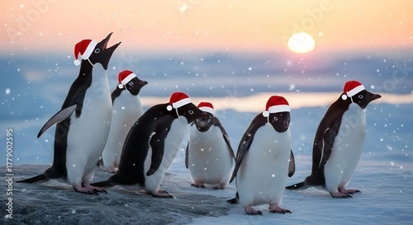 Fototapeta A group of penguins wearing santa hats standing on snow at sunset time