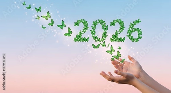 Fototapeta Hands reaching for butterflies forming the year twenty twenty six in sky