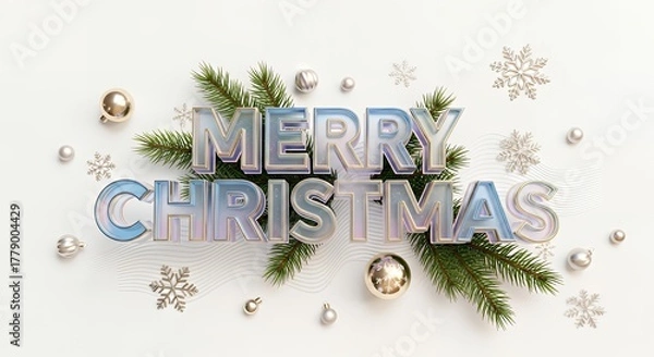 Fototapeta Merry christmas text with ornaments and pine branches on a white surface