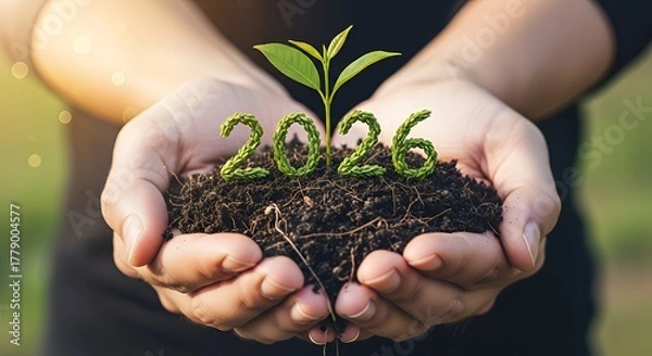 Fototapeta Hands holding soil with plant and year formed from plants symbolizing growth