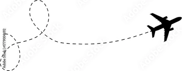 Obraz Airplane silhouette flying away with dashed line path on transparent background