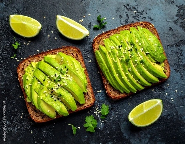 Fototapeta Two avocado toast slices on dark surface with limes