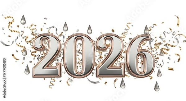 Fototapeta Silver and rose gold year two thousand and twenty six with confetti decor