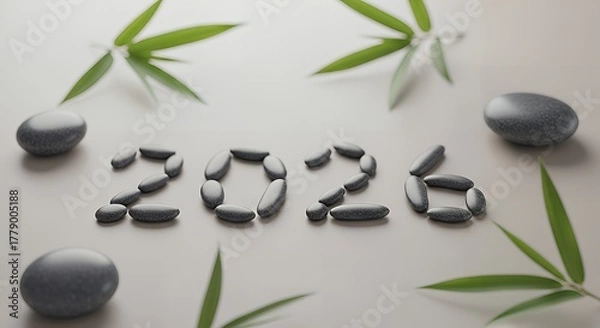 Fototapeta Stones forming the year twenty twenty six with bamboo leaves around it