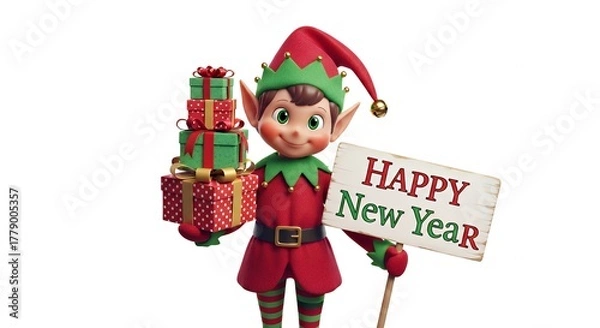 Fototapeta Elf holding gifts and happy new year sign on a white background image
