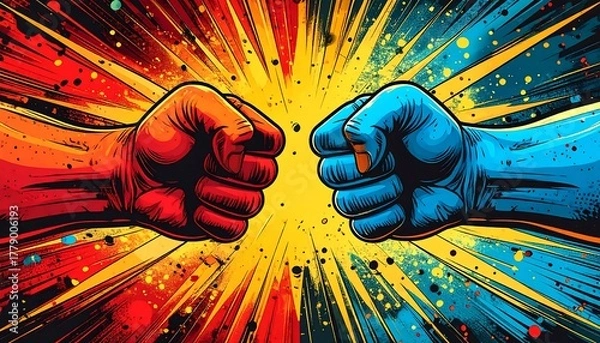 Fototapeta Two fists clashing in a vibrant comic book style explosion