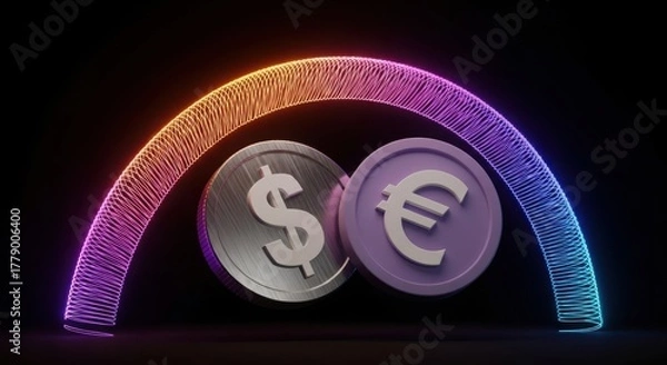 Obraz Digital currency exchange concept with glowing neon arch over dollar and euro coins