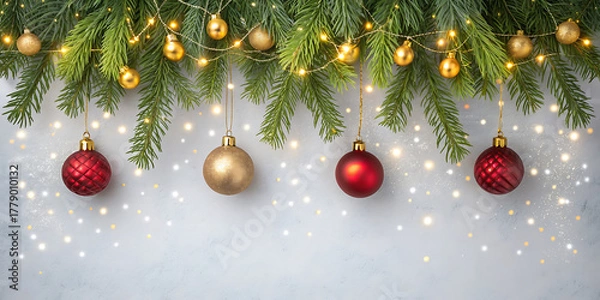 Fototapeta Elegant Christmas Banner with Sparkling Lights, Gift Boxes, Snowflakes, and Gold Glitter Confetti