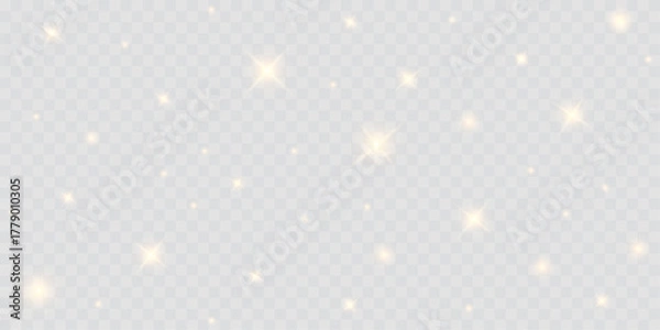 Obraz Glowing golden dust with soft bokeh lights and shimmering confetti particles on a transparent background. A radiant yellow glow adds a festive, magical touch—perfect for Christmas or holiday designs.