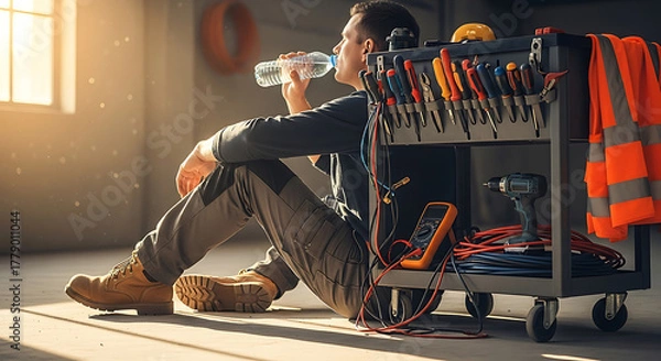 Fototapeta Hardworking tradesman taking a refreshing water break in a sunlit workshop, surrounded by tools and industrial equipment.