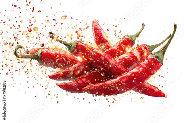 Fototapeta Fiery red chili peppers dusted with shimmering spice particles