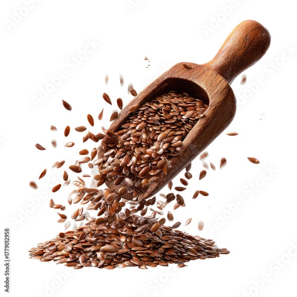 Fototapeta Wooden scoop spilling nutritious brown seeds, some scattered