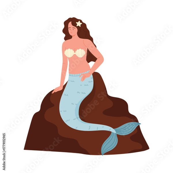 Fototapeta Cartoon mermaid with long hair and shell top sitting on a rock, Denmark theme, isolated vector illustration