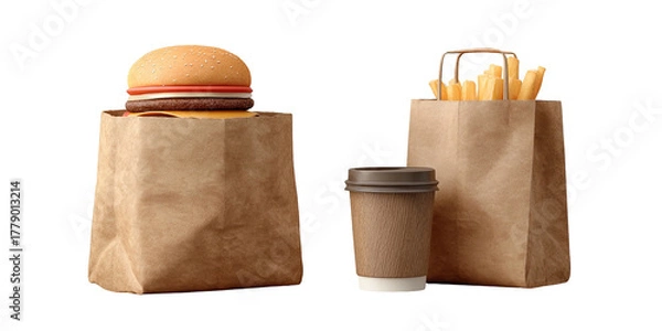 Fototapeta Fast food bag with burger, fries, and a coffee cup