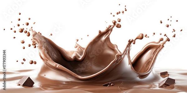 Fototapeta Chocolate splash with flying droplets and cube pieces