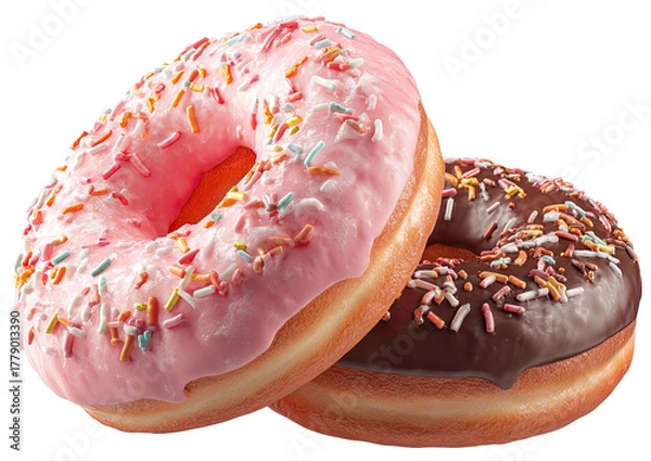 Fototapeta Two frosted donuts with sprinkles, one pink, one chocolate