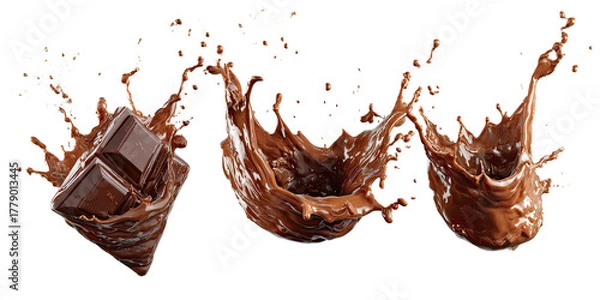 Fototapeta Rich chocolate cubes and fluid splashes in motion on black