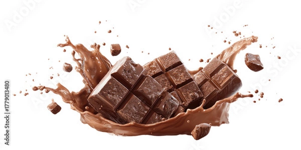 Fototapeta Chocolate bars splashing into a swirl of creamy liquid