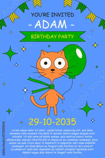 Fototapeta Kids Birthday Invitation flyer. Vector illustration of Birthday Invitation card with cute ginger cat with air balloon and holiday ribbon. Birth poster template design with typography. EPS 10
