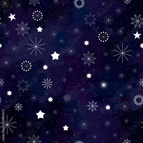 Obraz White minimalistic snowflakes on a blue dark background. Whinter seamless pattern. Vector image.