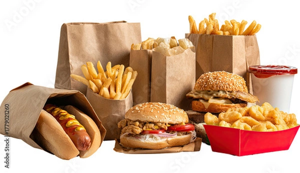 Fototapeta A colorful array of fast food items, including burgers, hot dogs, and fries