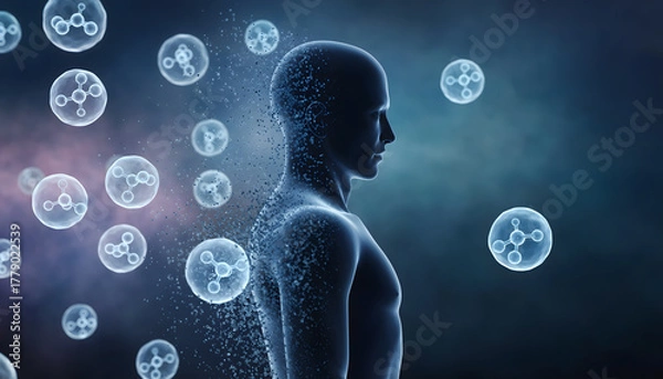 Fototapeta Human silhouette dissolving into floating oxytocin molecules moody light, symbolizing emotional
