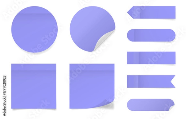 Fototapeta Set of square and round paper stickers. Purple stick in notes. Post it notes. Sheets of paper. Tag, sticky note. Pointed bookmarks