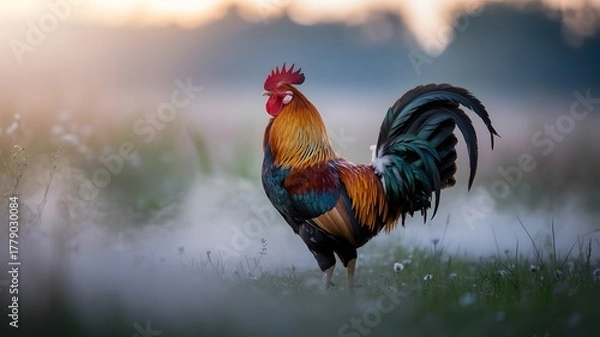Fototapeta Majestic rooster standing proudly in a misty field at sunrise