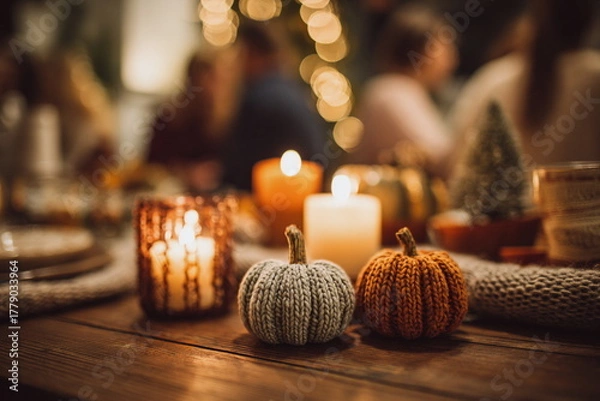Fototapeta Warm candlelight and soft knitted pumpkins set a gentle Thanksgiving mood. The blurred gathering in the background hints at shared stories, comfort, and the calm joy of being together for the holiday 