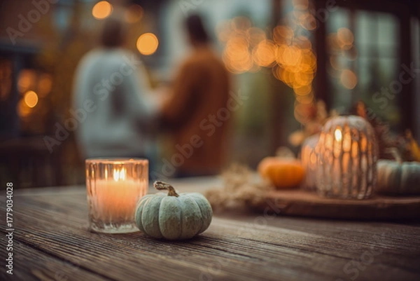 Fototapeta Warm candlelight and soft knitted pumpkins set a gentle Thanksgiving mood. The blurred gathering in the background hints at shared stories, comfort, and the calm joy of being together for the holiday 