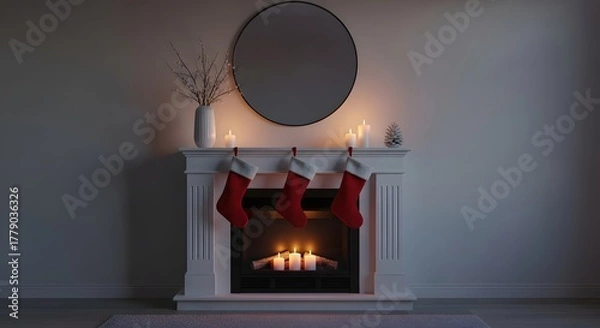 Obraz Serene Christmas ambiance with a warmly lit fireplace, red stockings hung on the mantel, and minimalist decor creating a cozy holiday interior