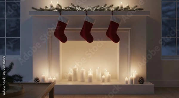 Obraz Cozy Christmas Fireplace Scene with Glowing Candles and Festive Stockings, Bathed in Warm Light, Evoking a Serene Winter Holiday Ambiance