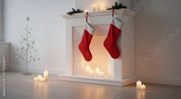 Obraz Festive Fireplace with Christmas Stockings and Warm Candlelight